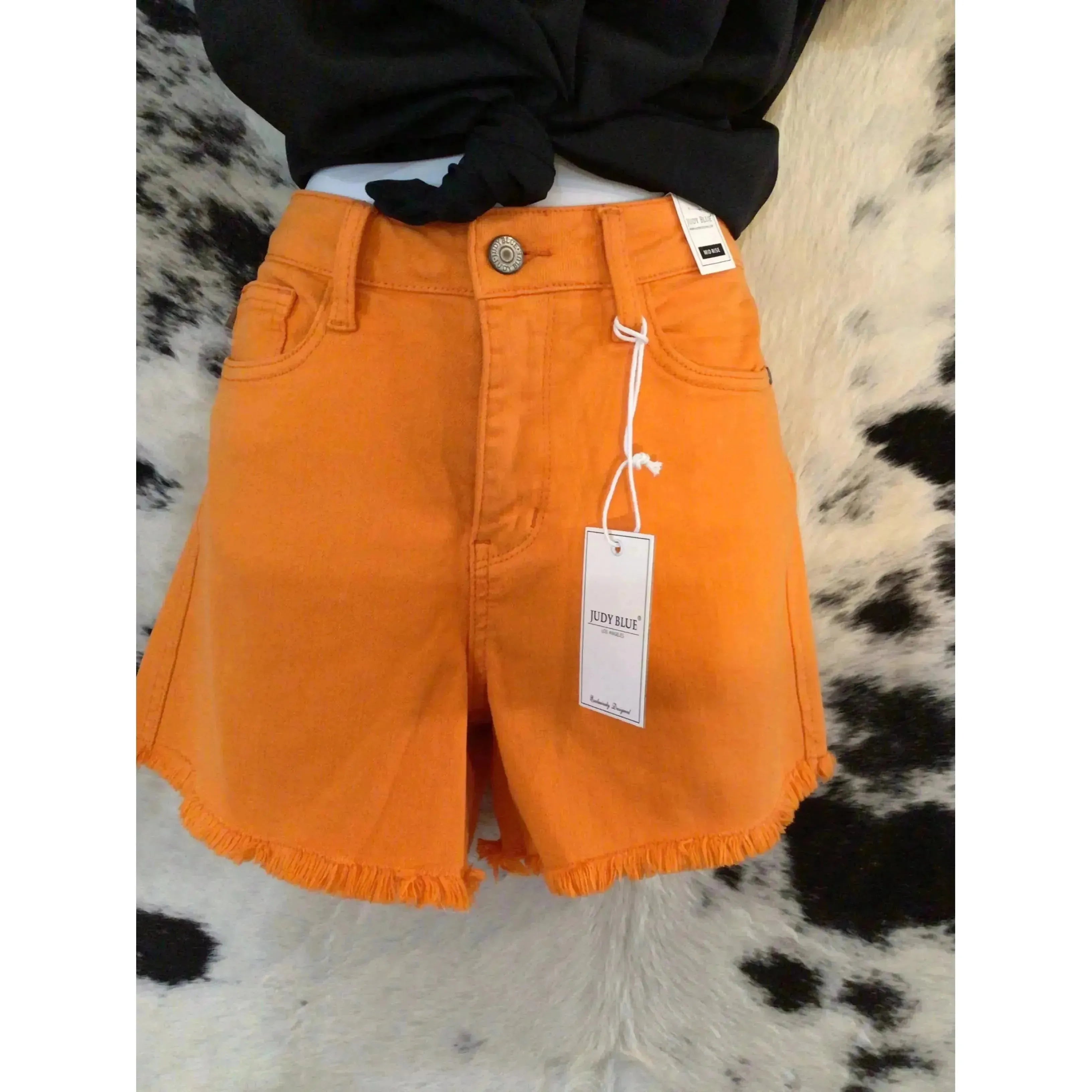 Mid Rise Garment Dyed Fray Hem Shorts, Orange, Judy Blue