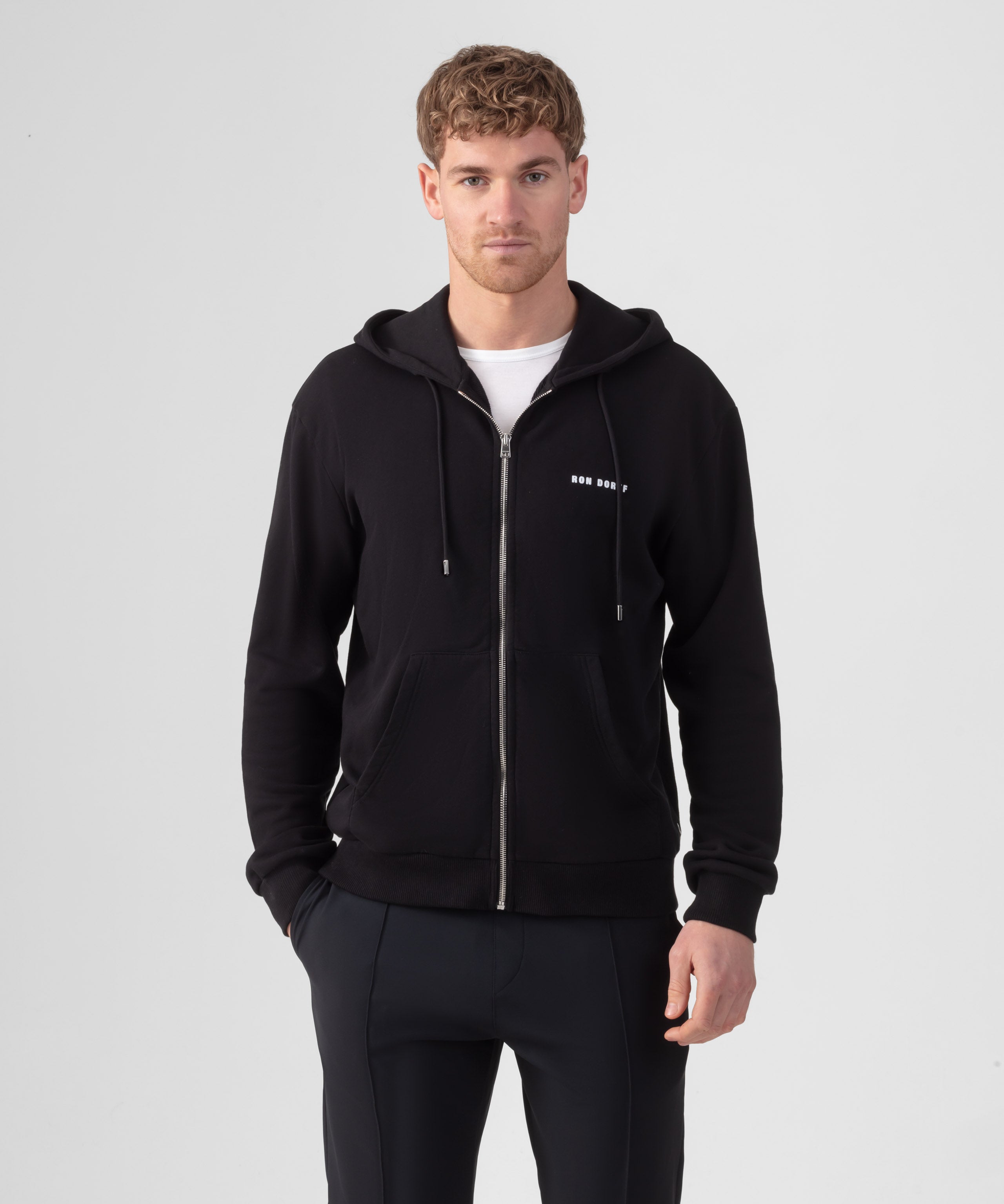 Organic Cotton Zipped Relaxed Fit Hoodie: Black - Ron Dorff US product image