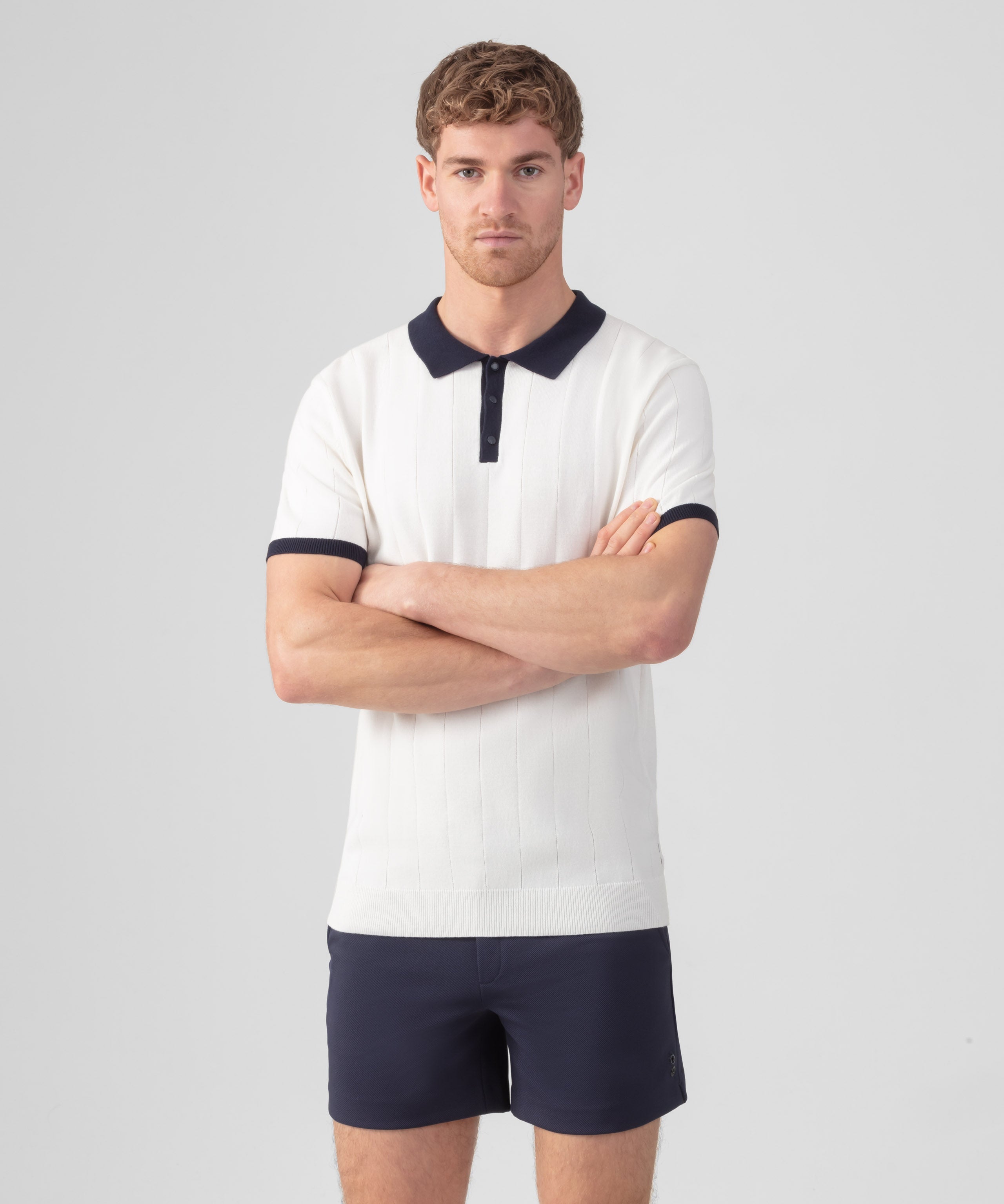 Cotton Tennis Polo w. Vertical Lines: Off White - Ron Dorff US product image