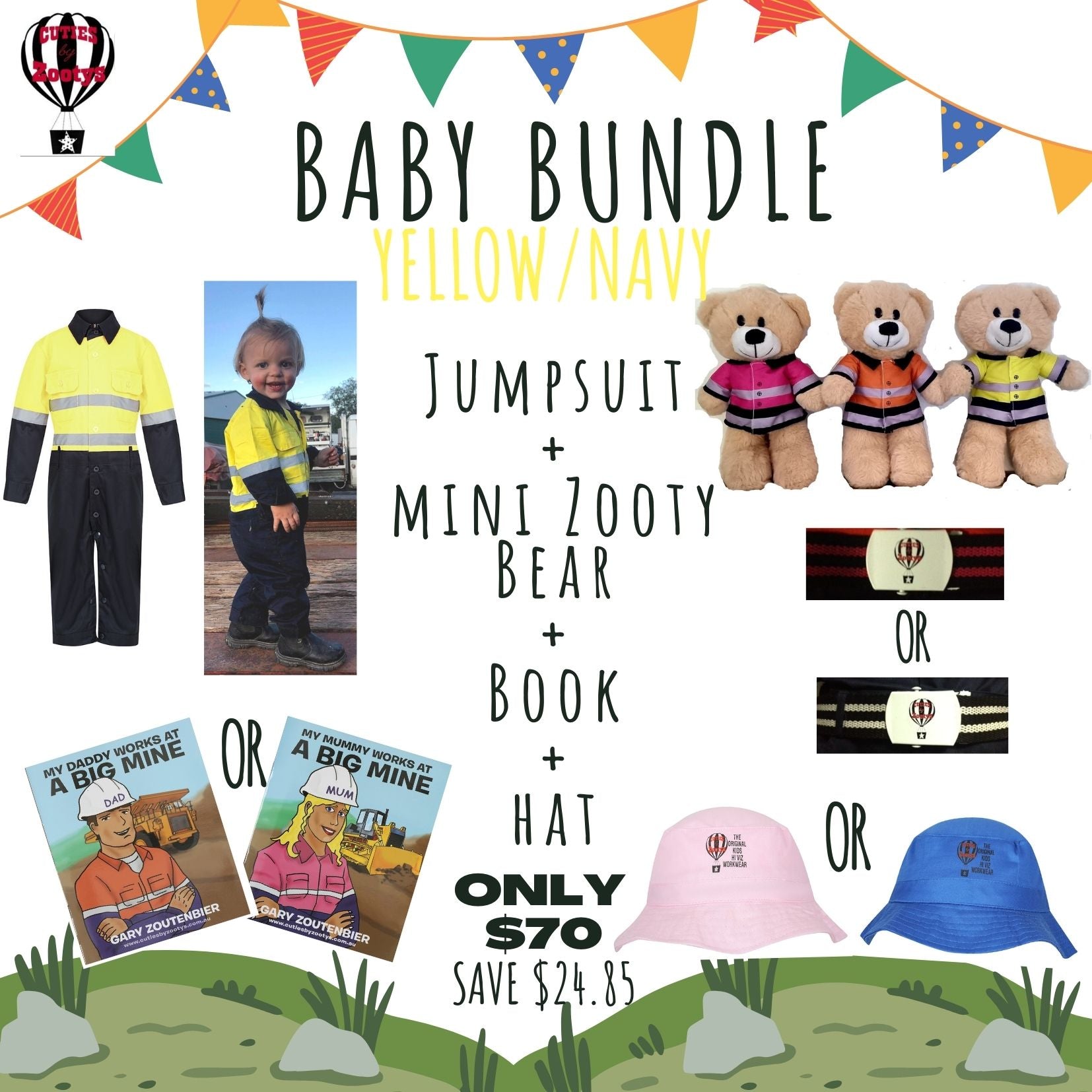 Hi Vis - Yellow & Navy Jumpsuit Baby Bundle MINI Zooty Bear (Teddy Bear)