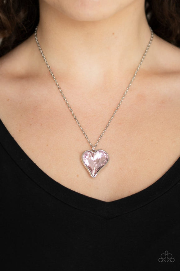 Paparazzi Heart Flutter - Pink - Rhinestone Gem - Silver Necklace and ...