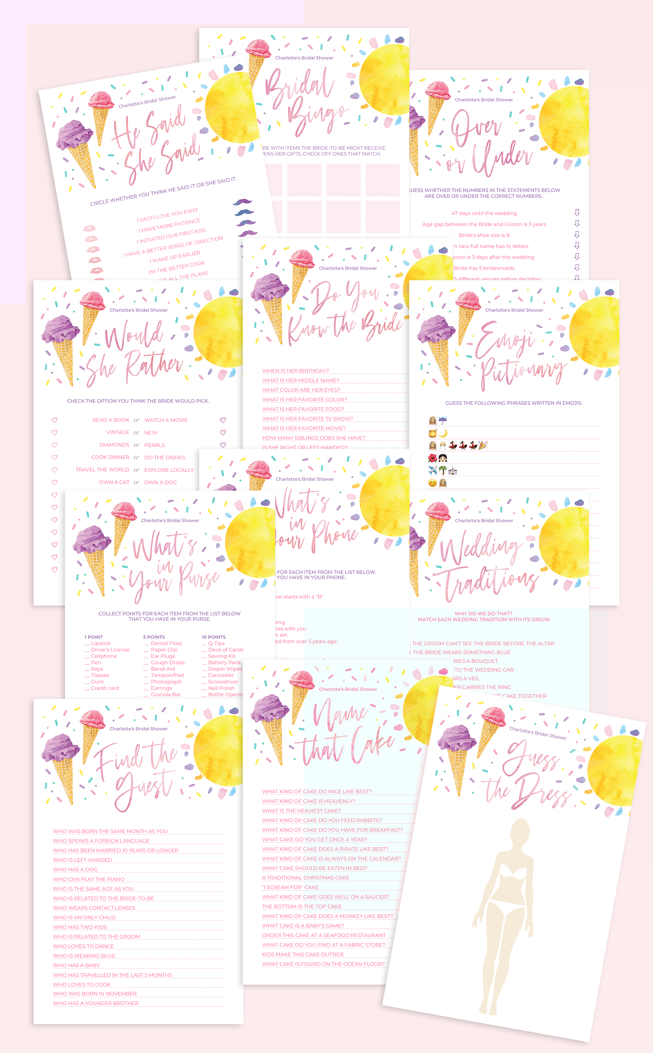 Printable Ice Cream Theme Bridal Shower Games Bundle – Arra Creative