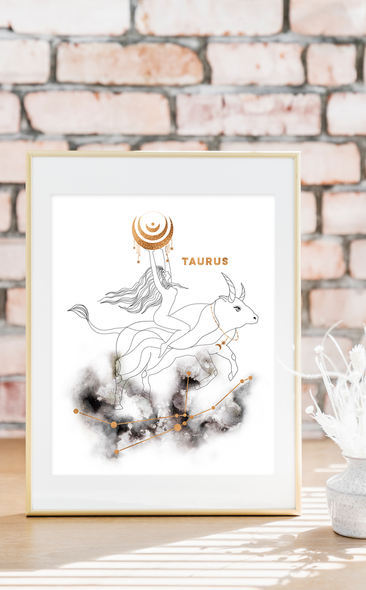 Taurus Zodiac Sign Astrology Print with Taurus Constellation in black and gold