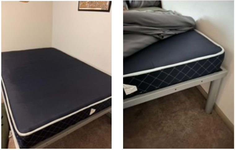 Dorm room mattress on metal fram