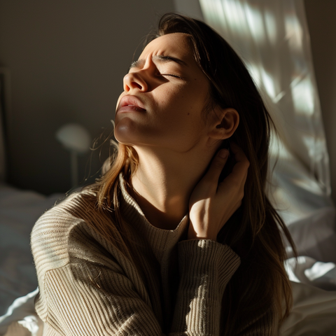 A woman waking up with neck pain