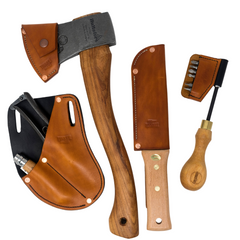 Leather work from Tinker and Fix - leather secateur holster, leather axe and hori hori sheath