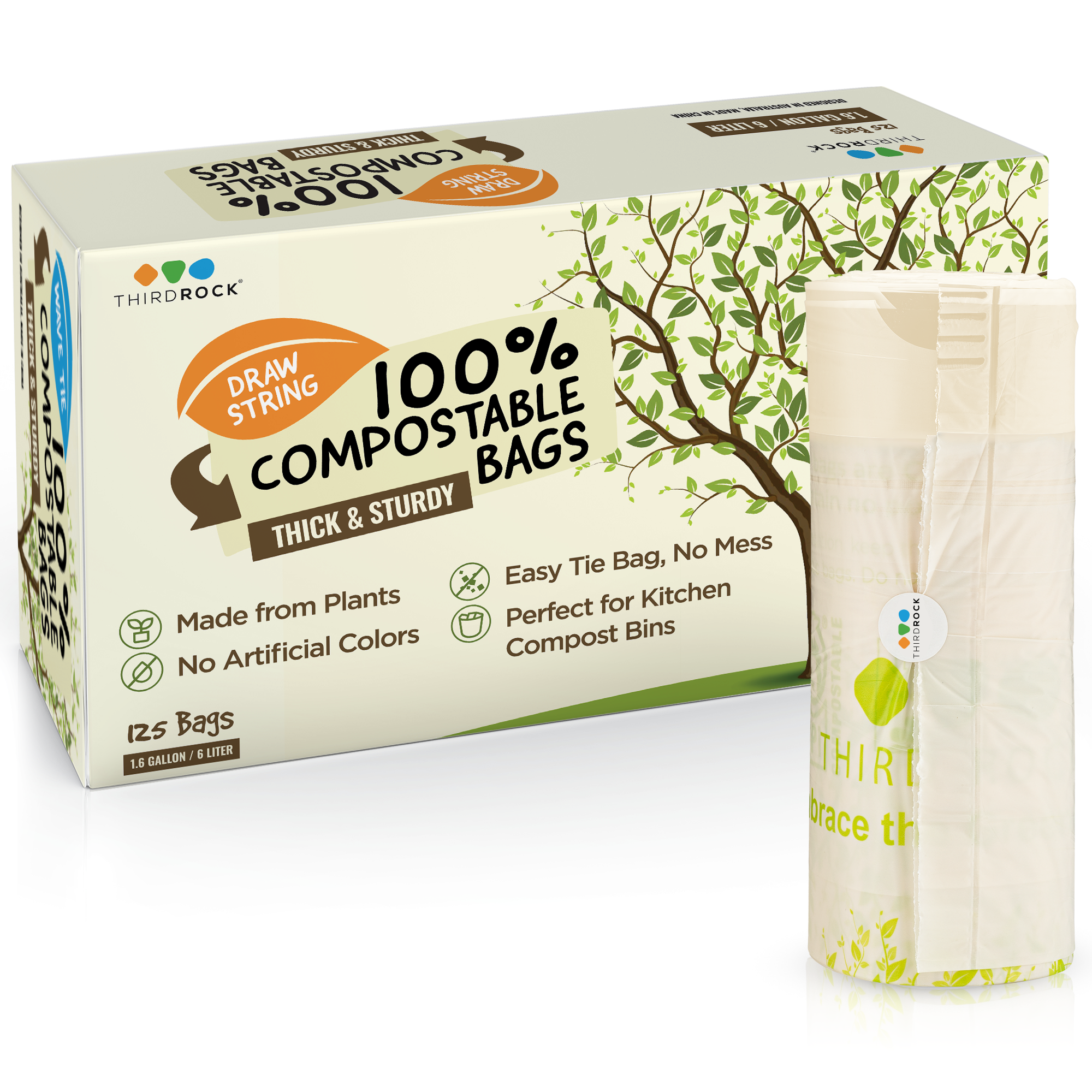 100% Compostable Trash Bags - 1.6 Gallon/6 Liter - BPI ASTM D6400 Cert