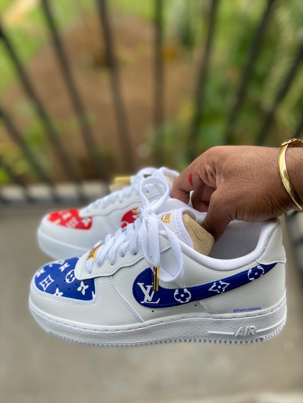 Custom Blue and Red LV Air force 1s