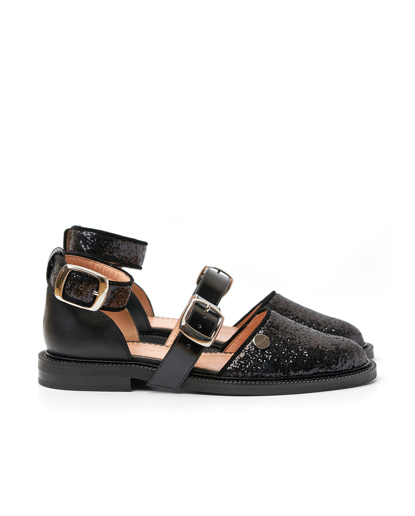 black leather closed toe sandals