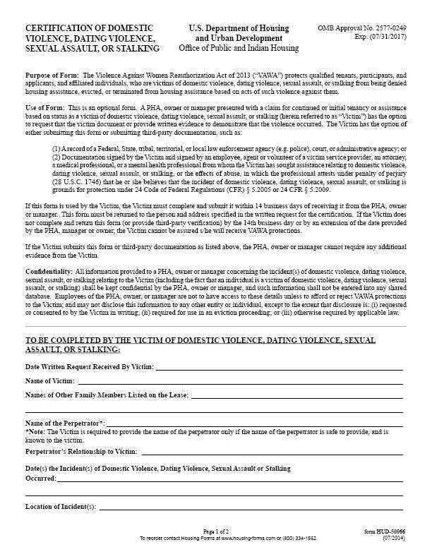 HUD 50066 Certification of Domestic Violence Housing Forms