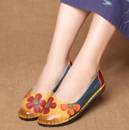 Fashion Flower Design Round Toe Mix Color Flat Shoes Vintage Genuine L –  shoelayer