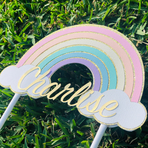 Pastel Rainbow and Gold Custom Cake Topper 