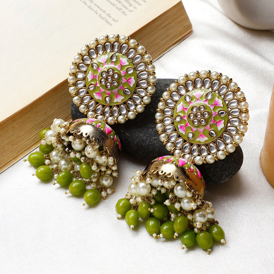 Meenakari Earrings with Kundan Pearl & Jhumka by Leshya – BANGLES ...