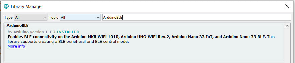 Pantalla para instalar ArduinoBLE