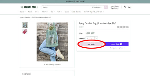 Screenshot of a downloadable pattern, highlighting the button ‘Add to cart’.