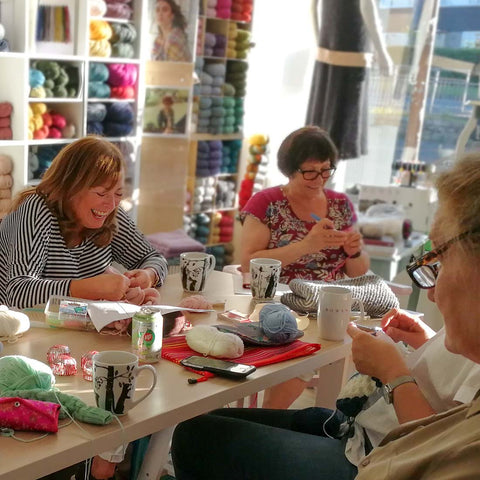 Image of women knitting in The Orry Mill shop knitting classes