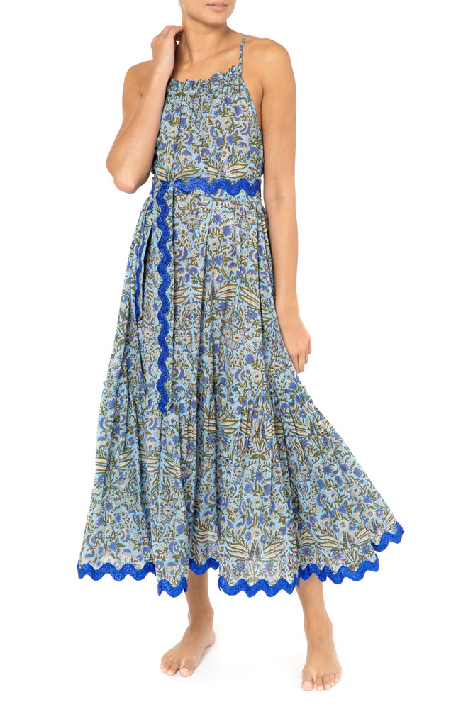 Juliet Dunn Botanical Cross Back Midi Dress in Blue