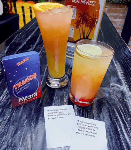 tragos fiesta booster game and cocktails sex on the beach and tequila sunrise