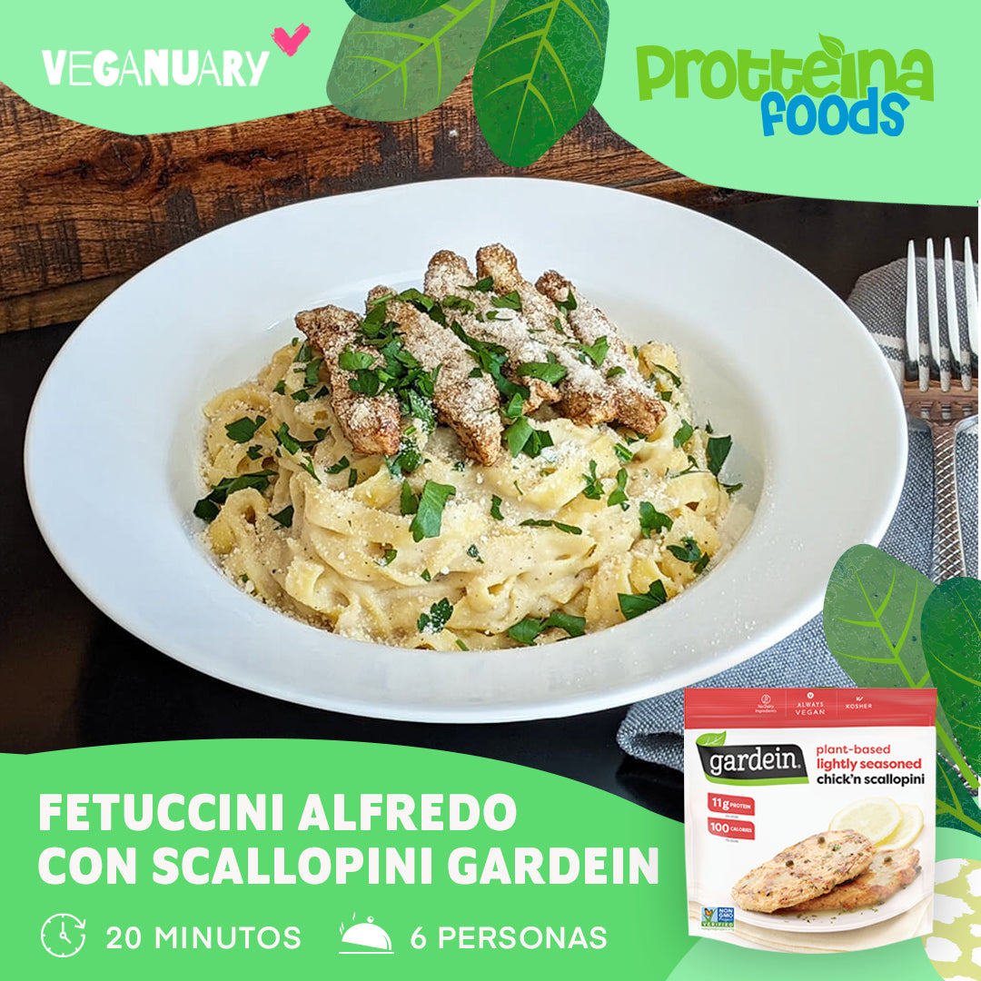 Vegan Fetuccini Alfredo con Scallopini de Gardein - Protteina Foods