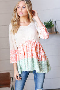 Oatmeal Rib Floral Tiered Babydoll Color Block Top