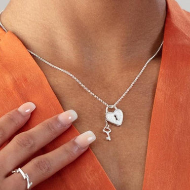 The Heart Series Silver Heart Lock & Key Necklace, FV Jewelry