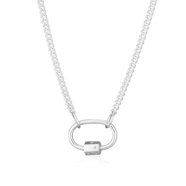 925 Silver M Letter Carabiner Lock Pendant And Curb Chain Necklace