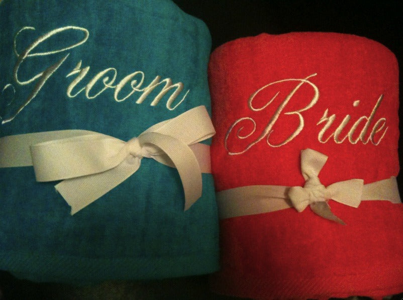 bride and groom beach towels