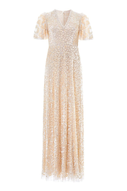 Amalie Sequin V-Neck Gown – Champagne | Needle & Thread