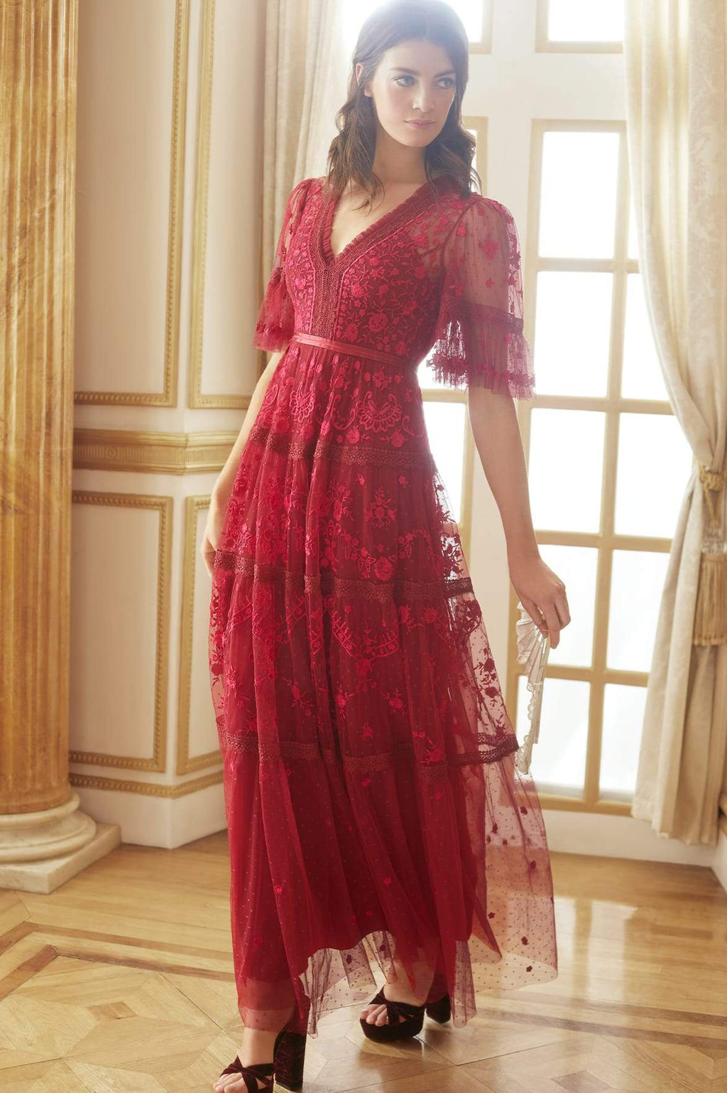 Lottie Lace Gown – Red | Needle & Thread