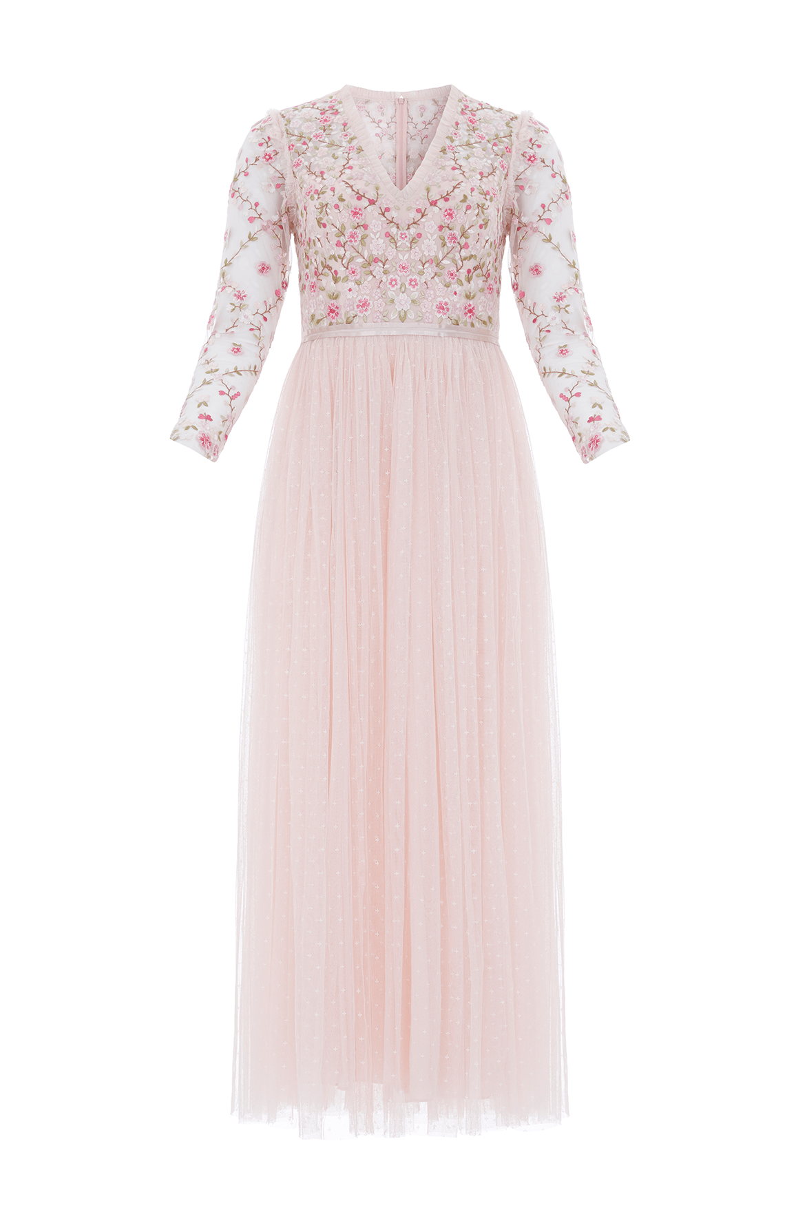 Rosie Lace Bodice Long Sleeve V-Neck Ankle Gown – Pink | Needle & Thread