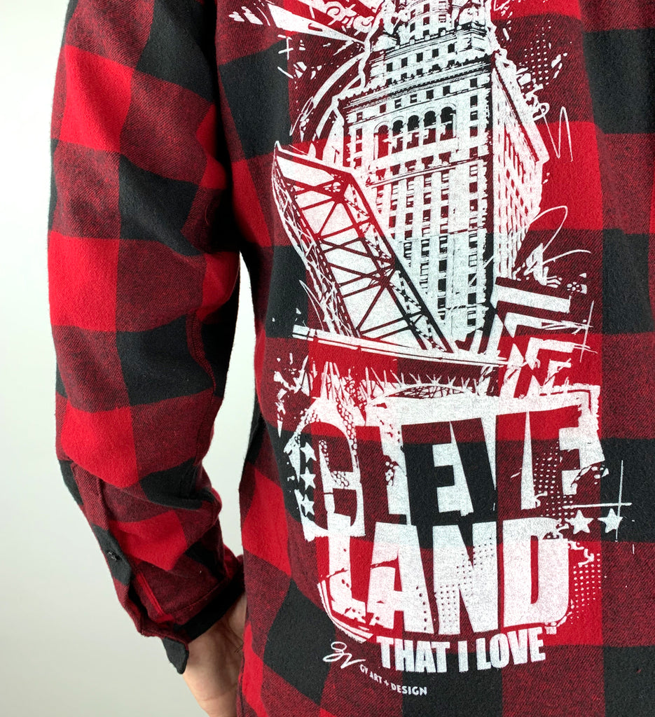 red and black graphic shirt