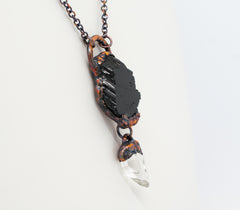boho gothic black tourmaline and quartz crystal copper electroformed neckalce