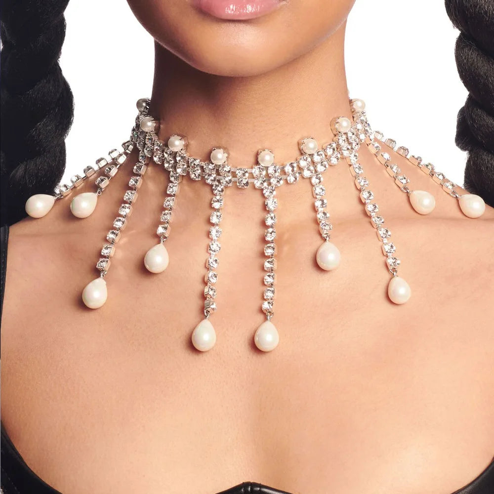 Crystal Pearl Tassels Choker