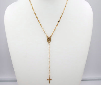 14 K Gold Cross Rosary Necklace, Virgin Mary Rosary Sequin Chain Necklace