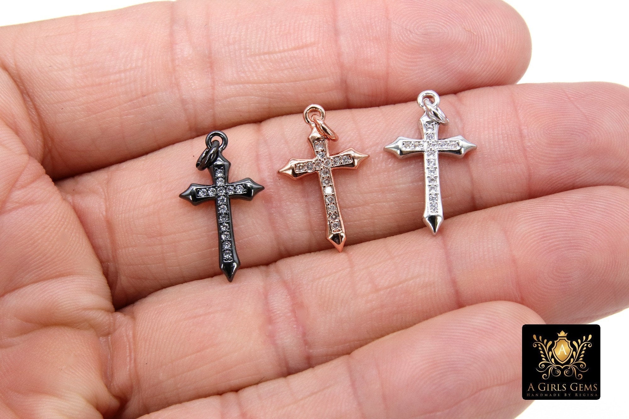 Rose Gold Cross Charms, CZ Micro Pave Dainty Religious Cross Pendants, 12 x  21 mm Small Cross for Rosary Chains, Beaded Bracelets