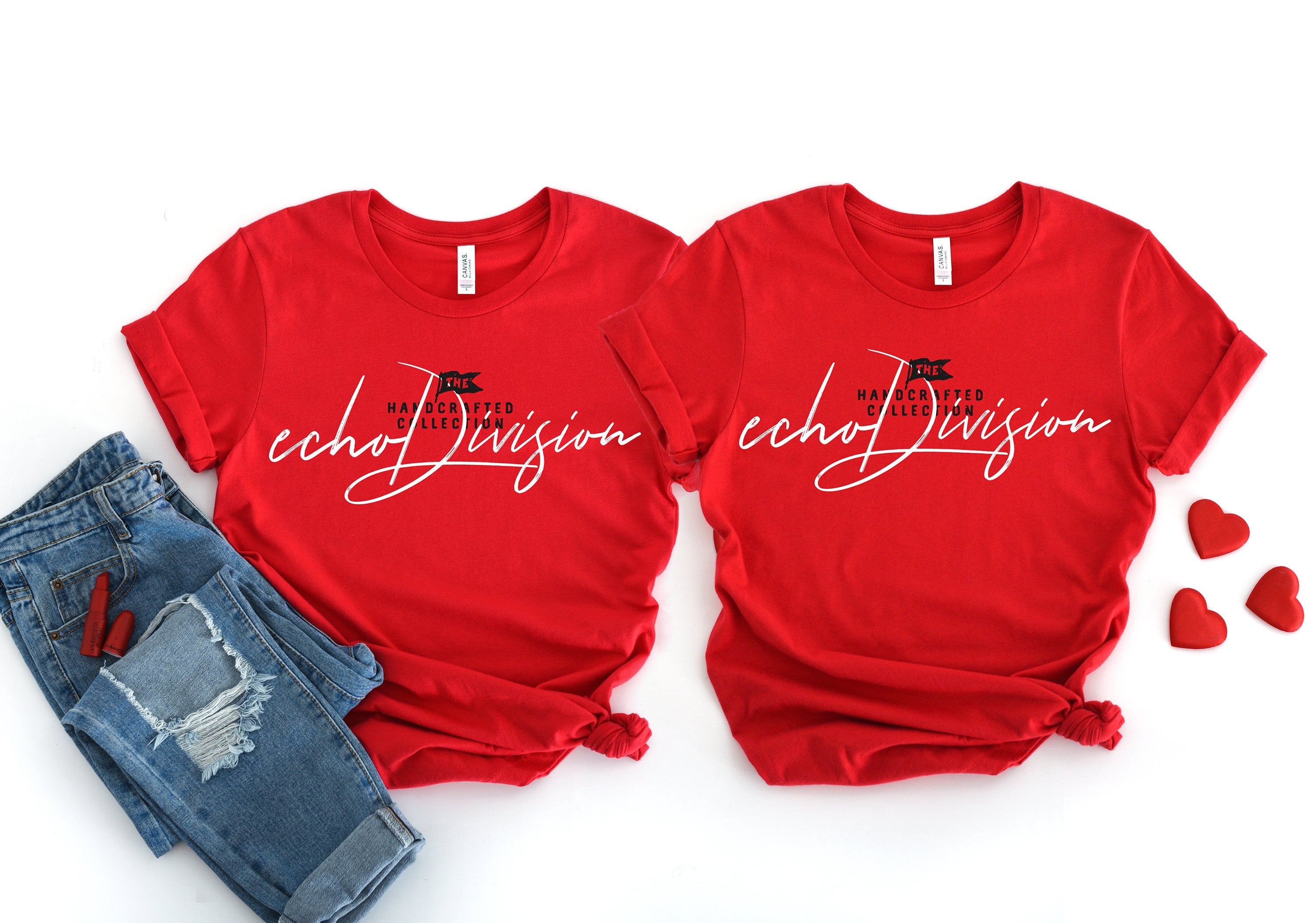 Download Free Couple Shirt Mockup Bella Canvas 3001 Shirt Red Outfit Flat Echodivision