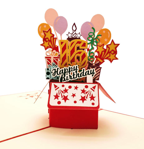 Happy 16th Birthday Red Party Box 3D Pop Up Greeting Card 1 front