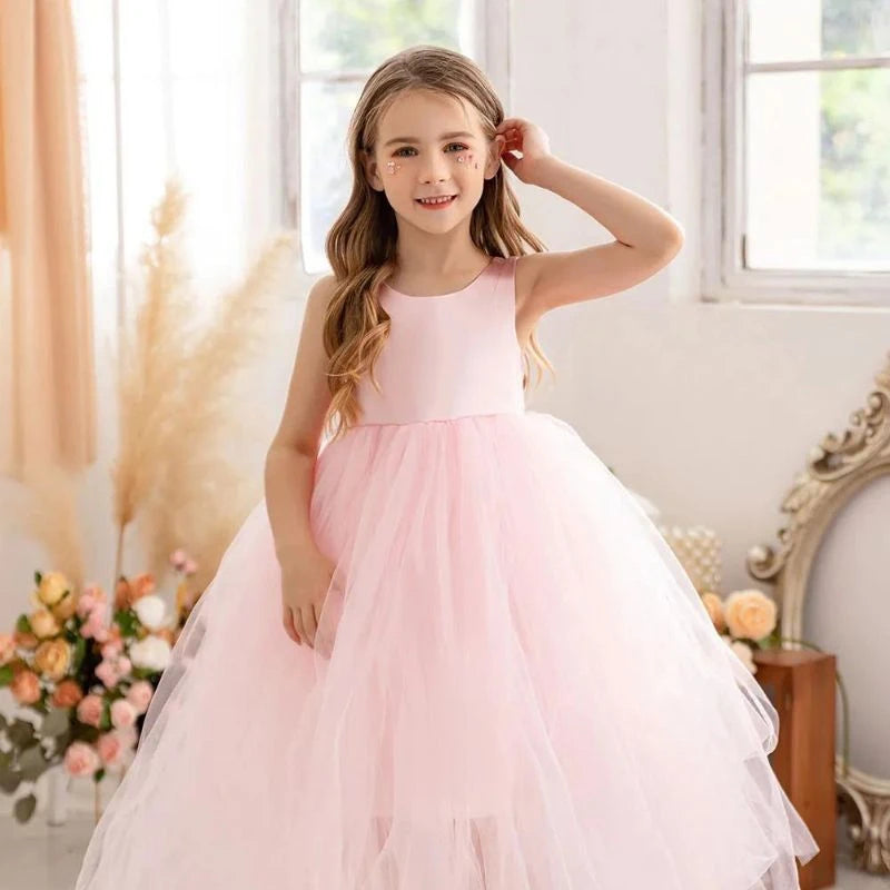 Robe princesse petite fille rose en tulle douce manches longues brodées -  Ref TQ016 - Robe Communion et Mariage fille