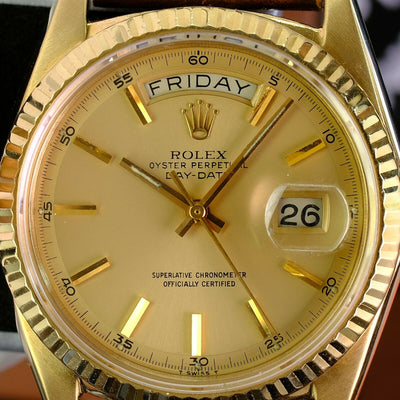 Rolex Vintage Day-date 1803 Factory Champagne Dial 18k on a Leather Band - Time Keepers Vault