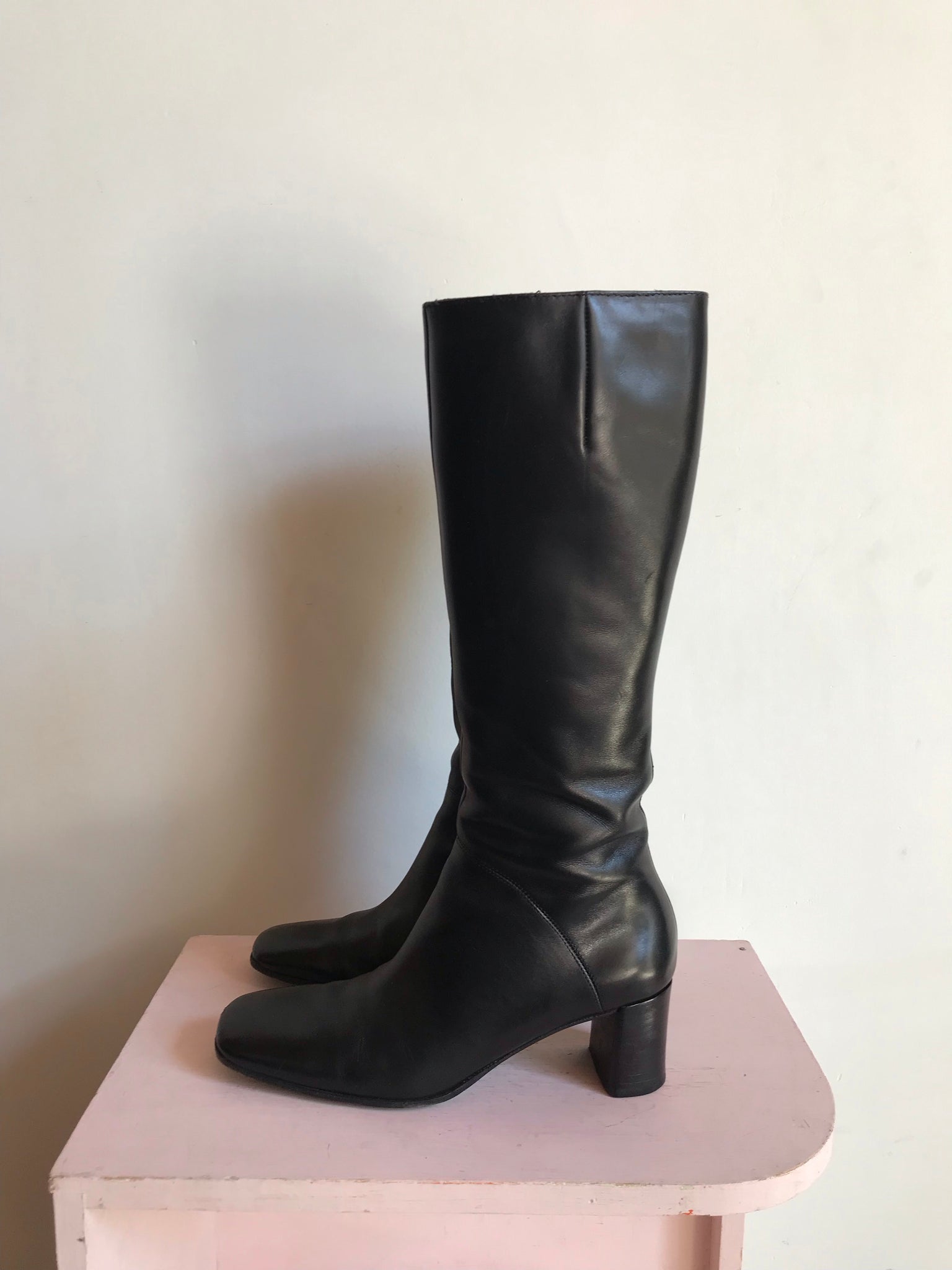 90s Black Leather OTK Size Zipper Boots 