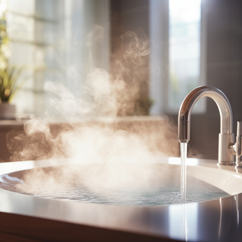 Photo of a bath with hot water coming out of it and steam.