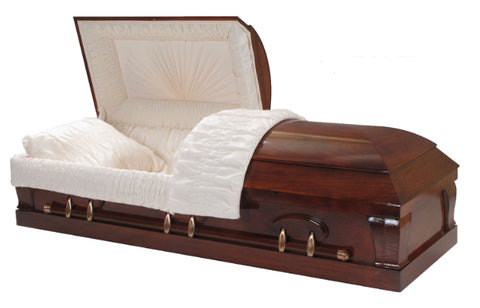 Titan Casket - The Titan Poplar Series Casket in Mahogany - Solid Poplar Hardwood Casket - Comes with Gloss Finish, Swing Bars, a Crepe Interior, and an Adjustable Bed.