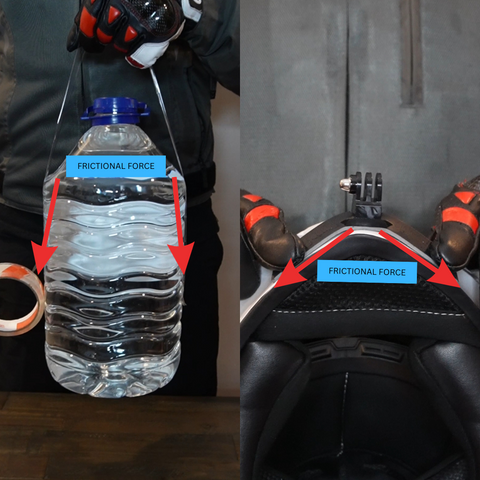 Image showing why FLEX Slim chin mounts are so strong compared to other mount designs - comparison includes large jug of water and helmet chin mount side by side with arrows showing frictional force locations