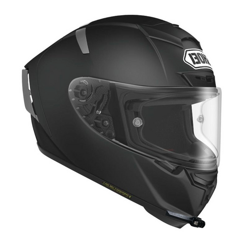 Se muestra el casco SHOEI X-SPIRIT III con gopro y soporte para barbilla insta360 en la parte delantera