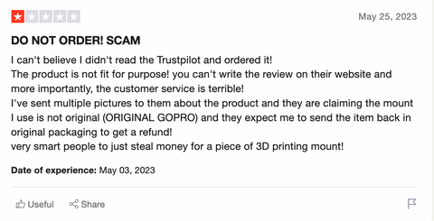 1-Star TrustPilot Review for ChinMounts