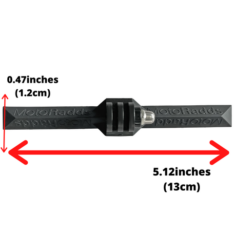 Dimensions of the MotoRadds chin mount reading 0.47 inches thick (1.2cm) and 5.12 inches long (13cm)