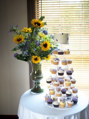 Lilac and yellow cupcake tower