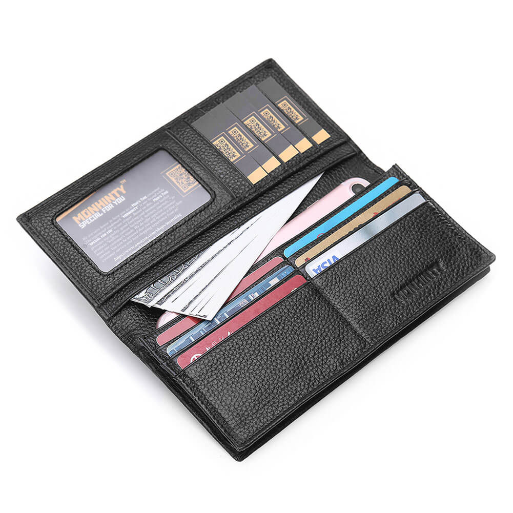 Men&#39;s Checkbook Wallet RFID Blocking Genuine Textured Leather Long Bif | MONHINTY