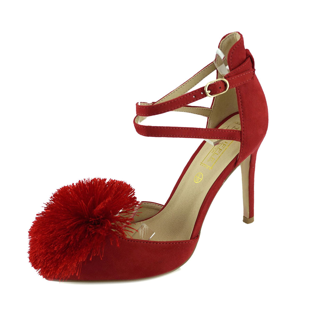 Pom Pom Pointed Stiletto Heels - Red 