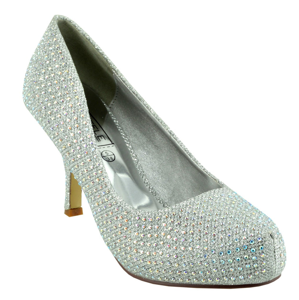 silver diamante low heels